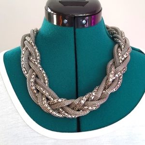 Multi Strand Braided Chunky Tube Chain Necklace Silvertone